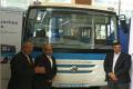 Ashok Leyland MD Vinod K Dasari, Senior VP Global Buses, T Venkataraman, during the launch of Circuit electric bus in Chennai on Monday. - Sakshi Post