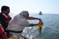 Prime Minister Narendra Modi  poured water from a bronze vessel and threw some earth at the site to perform the ‘jal-pooja’. Also seen is Maharashtra Governor C. Vidyasagar Rao. - Sakshi Post