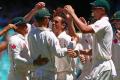 Australian players celebrated after Nathan Lyon took the catch to dismiss Pakistan skipper Misbah-ul-Haq on  Day 5 of the third Test at SCG in Sydney on Saturday. - Sakshi Post