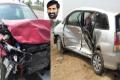 The mangled cars of the minister’s convoy and (inset) Energy Minister G Jagadish Reddy. - Sakshi Post