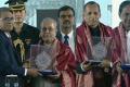 Vice Chancellor Prof. S. Ramachandram presents mementos to President Pranab Mukharjee, Governor ESL Narasimhan and Chief Minister K. Chandrasekhar Rao at the inaugural of Osmania University Centenary celebrations on the campus on Wednesday. - Sakshi Post