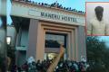 Students at the Maneru Hostel in Osmania University on Sunday, following the suicide.(Inset) Murali’s body hanging from a nylon rope in the hostel bathrom. - Sakshi Post