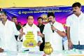 State Endowments minister A. Indrakaran Reddy along with ministers Talasani Srinivas Yadav and T. Padma Rao Goud released the picture of Gold Bonam on Monday - Sakshi Post