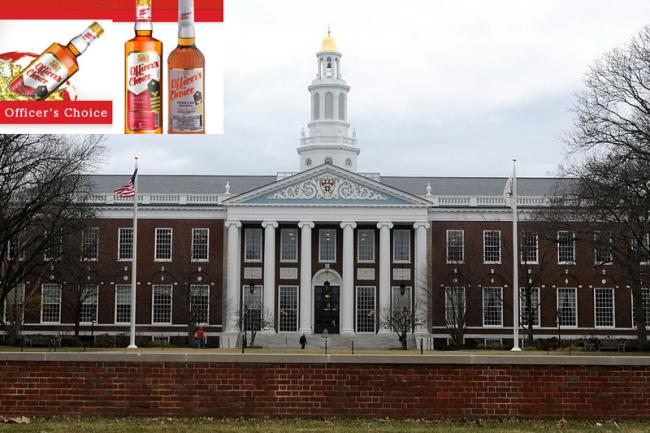 The Harvard Business School and (inset) the Indian whisky brand that made it to the case studies of Harvard Business School. - Sakshi Post