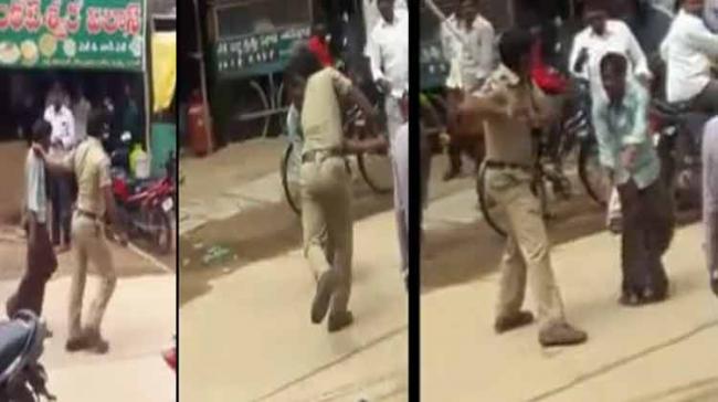 In the video, the constable was seen thrashing the person with his lathi. Later, the locals are seen trying to stop the policeman from further thrashing the poor man. - Sakshi Post